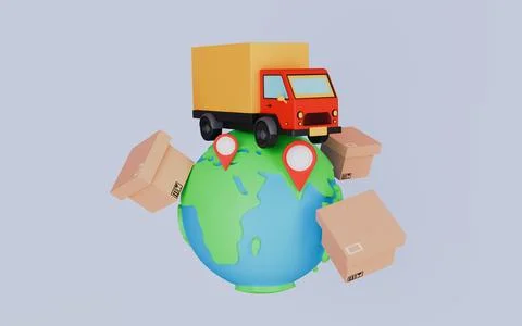 Global shopping and delivery service, Delivery truck shipping parcel boxes 库存插图