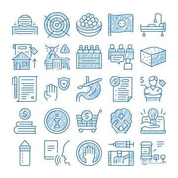 Global social issues crisis doodle icon set Stock Illustration