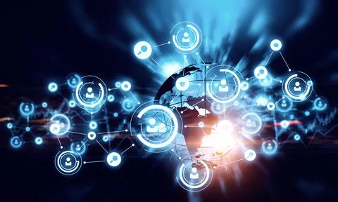 Global Social Network Technology with Digital Globe and User Icons Stock Illustration