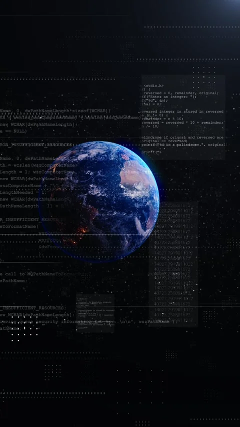 Global software data globe visual Earth imagery, code windows, numeric streams, Stock Footage 340558059