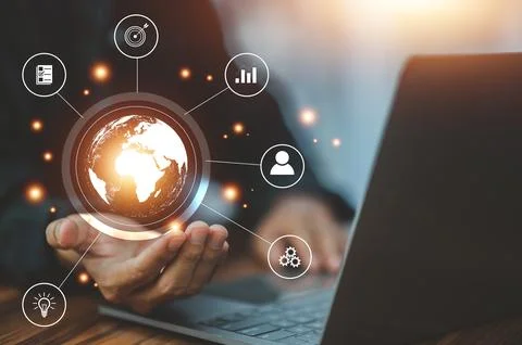 Global solution concept, hand touch on world Global solution business manag.. Foto stock