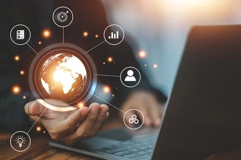 Global solution concept, hand touch on world Global solution business manag.. Stock Photos