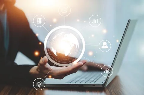 Global solution concept, hand touch on world Global solution business manag.. Stock Photos