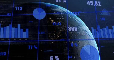 Global statistics and data visualization image over rotating Earth Stock Photos