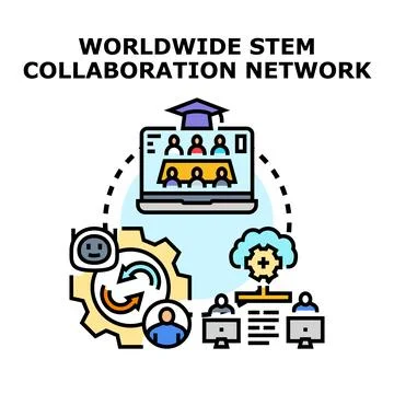 Global stem collaboration network connecting students learning online Stock Illustration