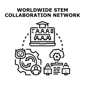 Global stem collaboration network connecting students learning online Illustrazione stock