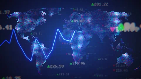 Global stock data over world map seamless loop background Stockbeeldmateriaal 347810488