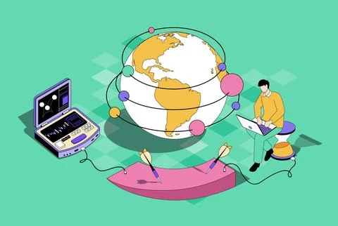 Global strategy concept in 3d isometric design. Man developing business and p Stock Illustration