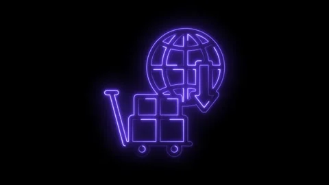 Global supply chain network neon style animation with boxes and world globe on Stock Footage 330784427