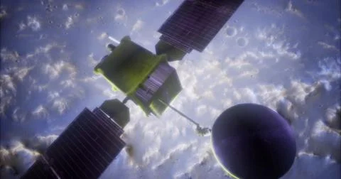 Global surveyor spacecraft orbiting a distant planet in deep space Stock Illustration