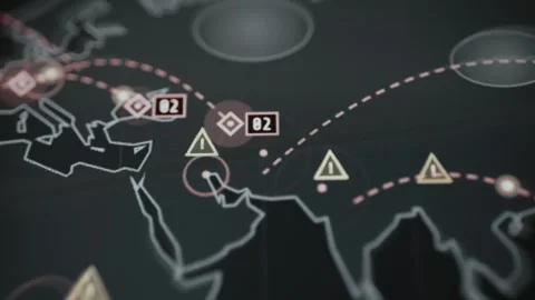 Global Tactical Map With Warning Triangles And Dotted Trajectories 4K Stock Footage 341326070