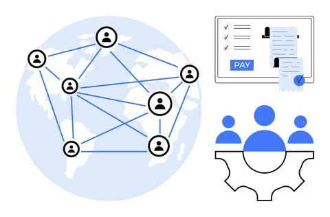 Global team collaboration, digital payment processing, and teamwork within .. イラスト素材