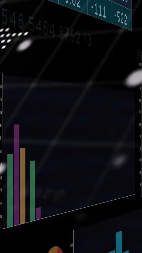 Global tech dashboard panning on data refresh, showing bar charts, dotted world Stock Footage 332985145