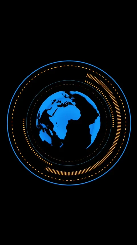 Global tech radar background blue planet, concentric rings, orange interface mar Stock Footage 340415966