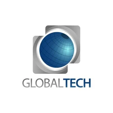 Global Tech. Three dimensional square world globe icon logo concept design te Stock Illustration