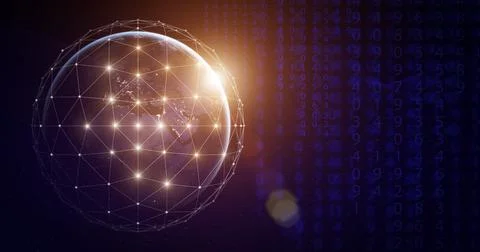 Global technologies data on the world map banner background. 3d computer network Illustrazione stock