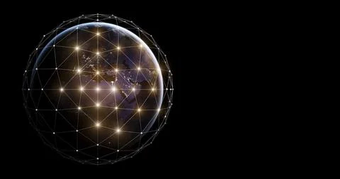 Global technologies data on the world map banner background. 3d computer network Illustrazione stock