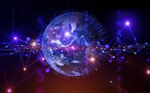 Global technologies data on the world map banner background. 3d computer network Illustrazione stock