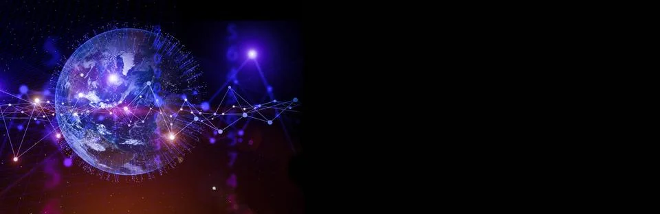 Global technologies data on the world map banner background. 3d computer network Illustrazione stock