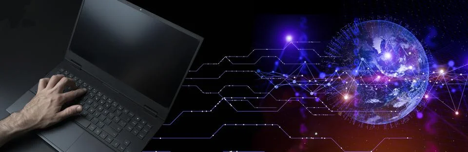 Global technologies data on the world map banner background. 3d computer network Foto stock