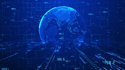Global technology globe interface visual bright blue Earth points, floating numb Stock Footage 340525004