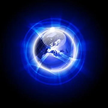 Global Technology Network with Blue Digital Globe and Light Trails Stock Illustration