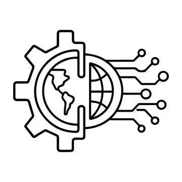 Global Technology Network Icon with Gear Digital Globe Circuit AI Innovatio.. Illustrazione stock