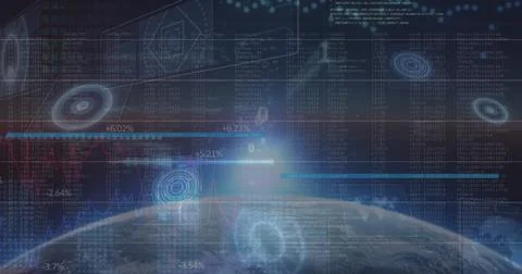 Global technology trends with digital data and financial charts overlaying Earth Stock Photos