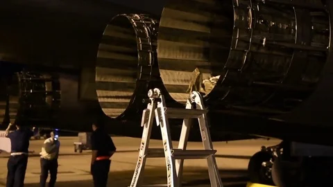 Global Thunder 18 Exercise - airman making checks to engine of B-1 Lancer Video stock 82341394
