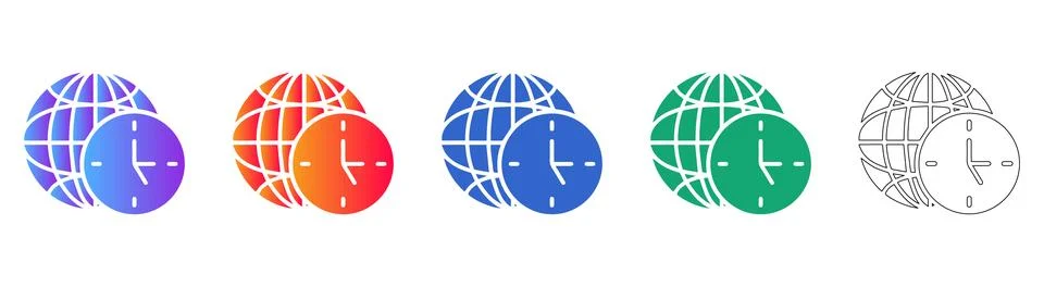 Global Time Zone Icon Set in Colorful Gradient and Outline Styles Stock Illustration