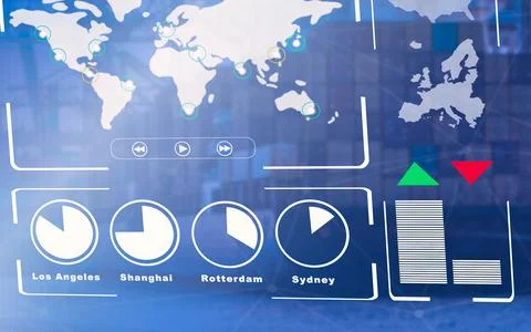 Global trade logistics data interface with world map and city indicators Stock Photos