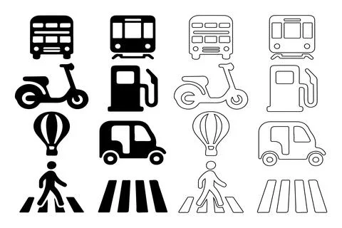 Global Transport Modes Flat Icon Pack With Minimal Black And White Style Stock Illustration