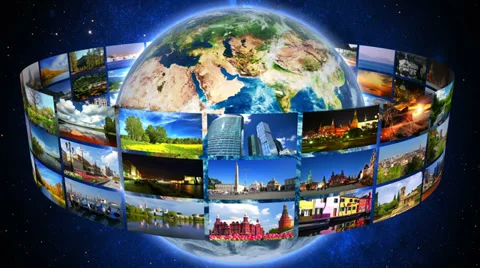 Global travel concept, videos of world landmarks rotating around the Earth. Stock Footage
