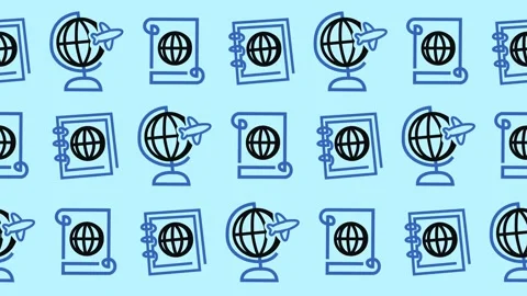 Global travel navigation pattern with seamless globe, airplane, passport Stock Footage 335028600