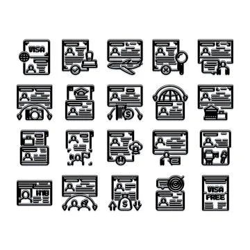 Global travel permit document applying immigration icons set Stock Illustration