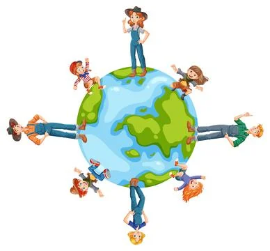Global Unity: Diverse Characters Around the World Stock Illustration