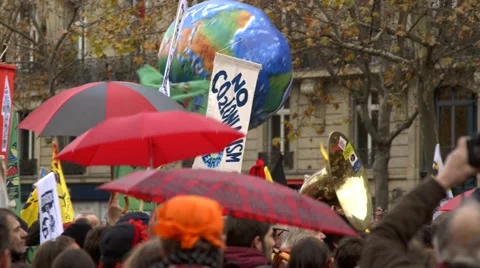 Global Warming 1.5C protest at Paris COP21 climate change, Earth inflatable Video stock 63356740