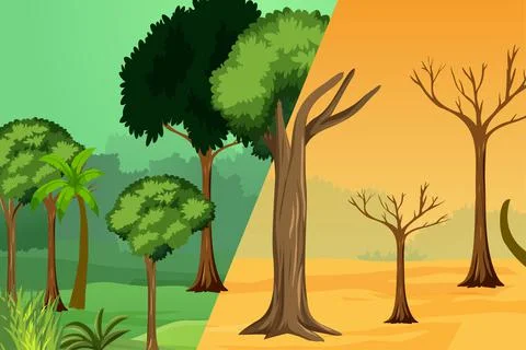 Global warming and deforestation problem concept vector. Before and after glo Ilustração Stock