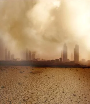 Global Warming and pollution theme with cracked land and the cityscape Stock Photos