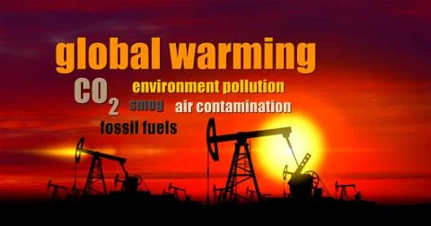 Global warming buzzwords - oil pump on sunset background Stock Illustration