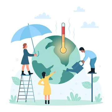Global warming, climate change, tiny people holding umbrella over globe and Stock Illustration