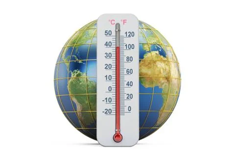 Global warming concept. Thermometer with Earth globe,  3D rendering Stock Illustration