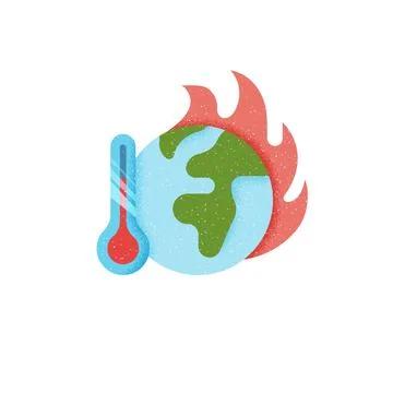 Global Warming Earth on Fire Thermometer Flat Illustration Grain Texture Stock Illustration