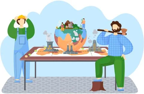 Global warming. Environmental problems. Ecologycal activists. People care about Illustrazione stock