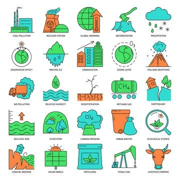 Global warming icon set in colored line style Stock Illustration