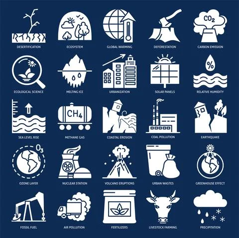 Global warming icon set in flat style Stock Illustration