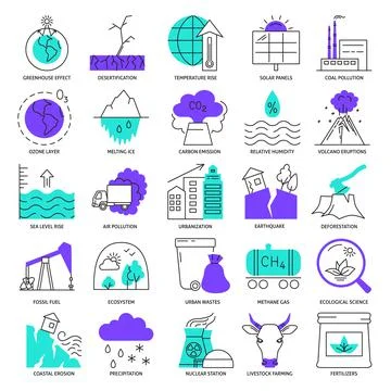 Global warming icon set in line style Stock Illustration