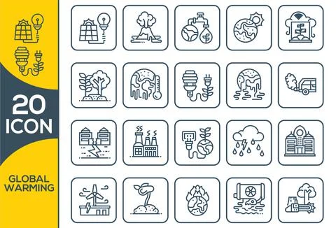 Global warming icons, mono vector symbols. Climate change or global warming e Illustrazione stock