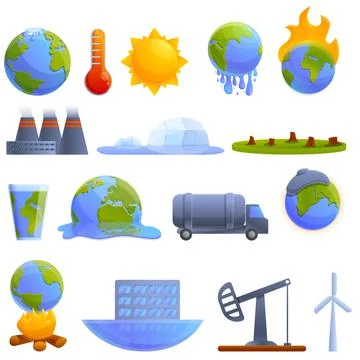 Global warming icons set, cartoon style Stock Illustration