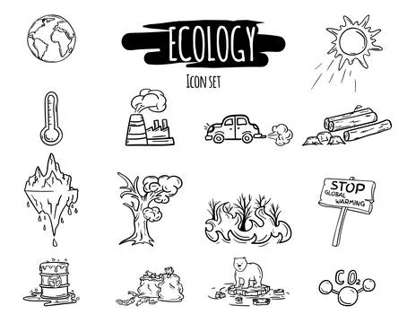 Global warming icons vector set, hand drawn. Stock Illustration